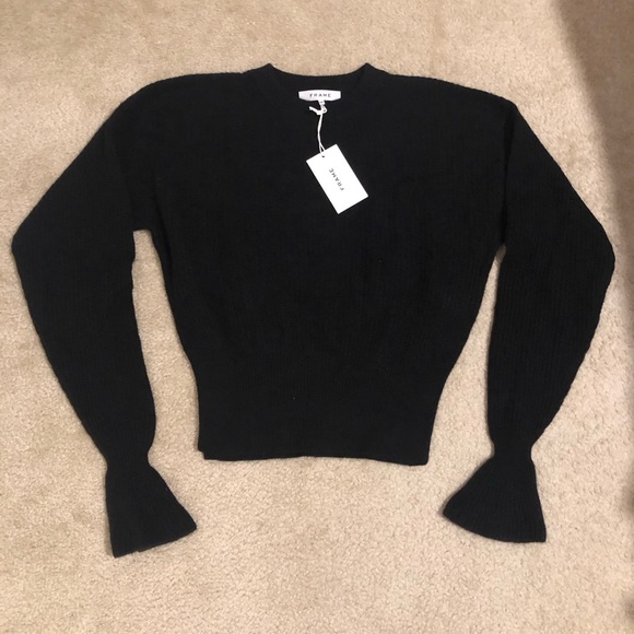 Frame Cashmere Bell Cuffs Crew Neck Ribbed Sweater In Black. NWT! Sz S - Picture 2 of 7